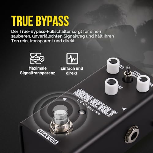 SHAEVLE Distortion Gitarren Pedal Mini Analoge Effektpedal - Vollanaloge Schaltung mit 3 Verzerrungstönen, True Bypass, Kompakte Größe für Gitarristen IRON REVOLT(Distortion)