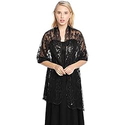 Cortinas De Tul Bordadas GIBZ Chal de Mujer con Purpurina Bordada Finas Estola Florales con Lentejuelas Para Vestidos de Noche de Boda, Negro