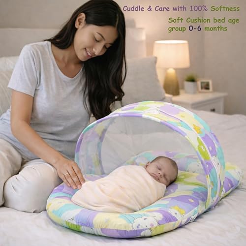 Image of Fareto Combo of Baby Nest | Net with Bed | Carry Bag | 4 Pcs Bedding Set(0-6 Months) (Fullset Nest) (New Star Purpal)
