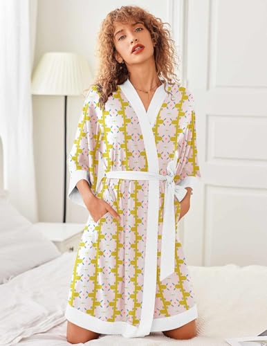 Image of Ekouaer Robes for Women Knee Length Bathrobe Lightweight Kimono Robe 3 /4 Sleeve Knit Sleepwear with Pockets