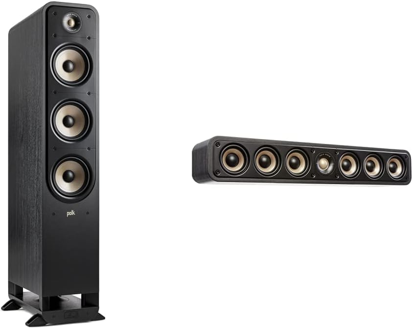 Polk Signature Elite ES60 Tower Speaker, Stunning Black & Elite ES35 Slim Center Channel Speaker, 1" Tweeter & (6) 3" Woofers, Dual Power Port, Stunning Black