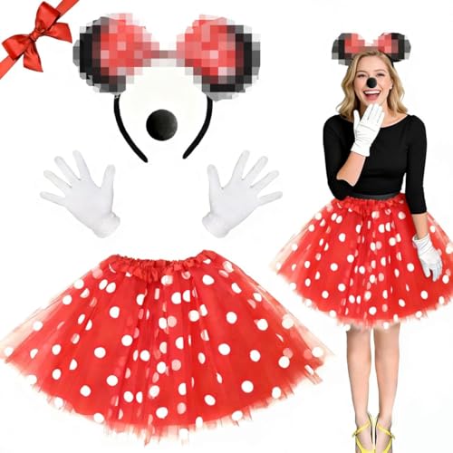 Disfraz Minnie Mujer, Falda Minnie Mouse, Orejas de Ratón con Arco Rojo, TuTú Ballet + Ratón Diadema con Lazo + Guantes + Nariz, TuTú Rojo con Punteado Blanco, Vestido de tul para niños para Carnaval