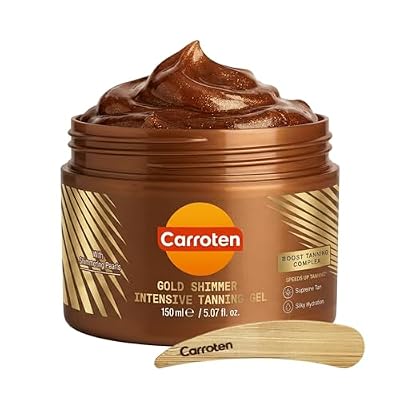 Carroten Gold Shimmer Tanning Gel | Browning Tan Accelerator | Non-Greasy, Water-Resistant with Carrot & Coconut Oil | Vitamin A & E For Moisture & Hydration | Made in Greece | 5 oz + Spatula