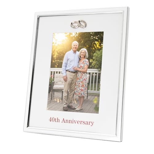 Happy Homewares Modern 40th Anniversary Silver Plated 5x7 Picture Frame with Double Diamante Rings | For Wall or Table | Red Foil Lettering