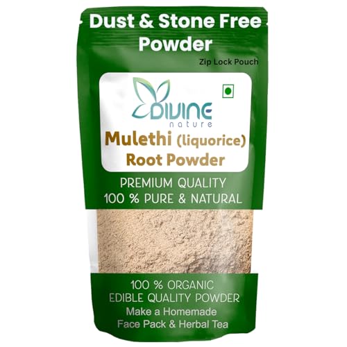 Divine Nature Pure Organic Mulethi Powder for face and eating | Natural Licorice Powder for Edible, Drinking, Skin and Hair - 100g