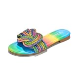 Cape Robbin Women's Glitter Flat Slide Sandals | Dressy Open-Toe Summer Sandals with Rhinestone Knot (Jeffer), Rainbow Size 9