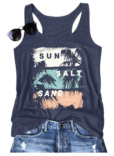 Binshre Graphic Tank Tops for Women Sun Salt Sand Vintage Print Racerback Tank Tops Summer Casual Beach Sleeveless O-Neck Vacation Shirt Cami