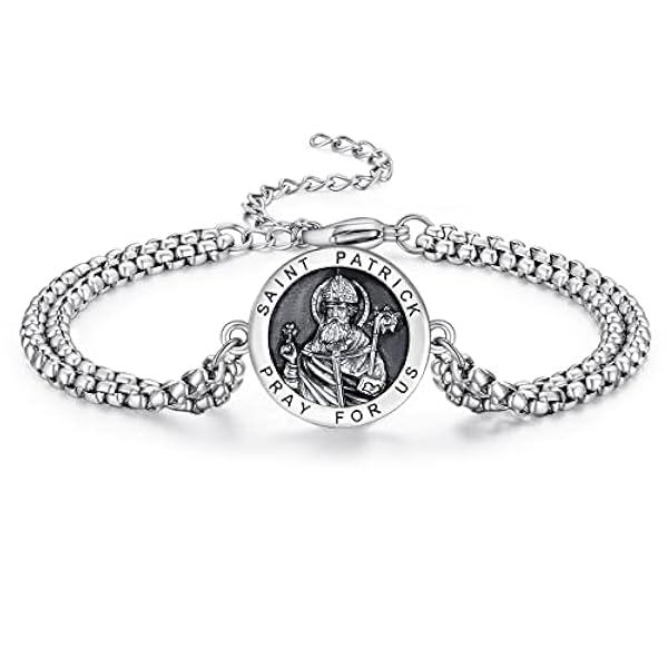ADMETUS Pulsera de San Patricio de plata de ley con colgante de San Patricio, pulsera de protección, regalo religioso para hombre, Sin gemas
