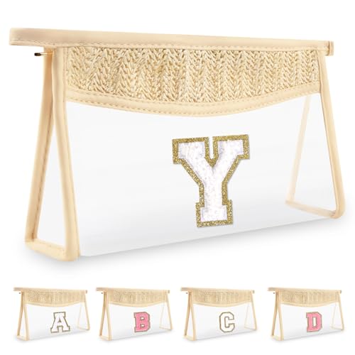 UIXIZQ Personalized Initial Letter Bag Boho Straw Clear Makeup Bag,Small Cute Chenille Varsity Letter Bag With Zipper,Beach Travel Toiletry Bag,Portable Monogrammed Cosmetic Bag for Women Girls,Y