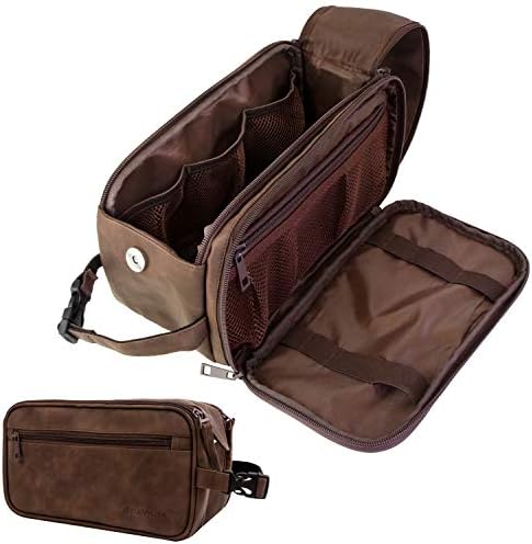 PAVILIA Toiletry Bag for Men, Travel Toiletries Bag | Water-resistant Dopp Kit, PU Leather Shaving Bag Organizer for Toiletry Accessories, Grooming, Hygiene, Cosmetic (Dark Brown)