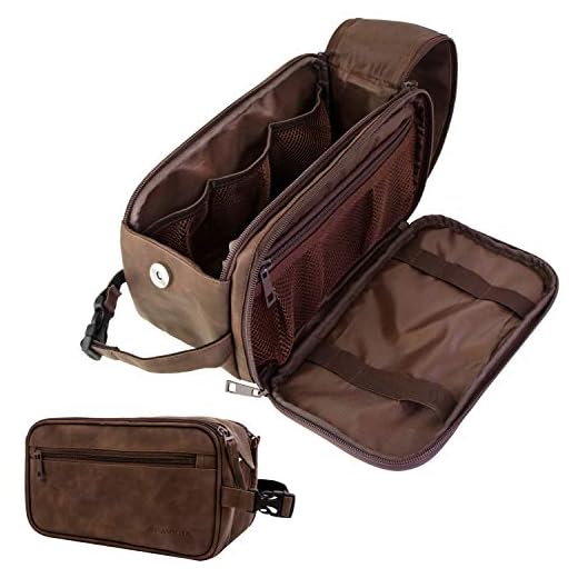 PAVILIA Toiletry Bag for Men, Travel Essentials Shaving Dopp Kit, Mens Travel Bag Toiletries Organizer Case for Grooming, PU Leather Water Resistant Cosmetic Bag Pouch (Dark Brown)