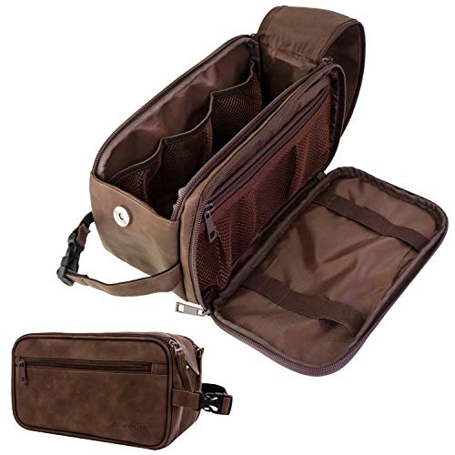 PAVILIA Toiletry Bag for Men, Travel Essentials Shaving Dopp Kit, Mens Travel Bag Toiletries Organizer Case for Grooming, PU Leather Water Resistant Cosmetic Bag Pouch (Dark Brown) by PAVILIA - Used condition - US$17.60