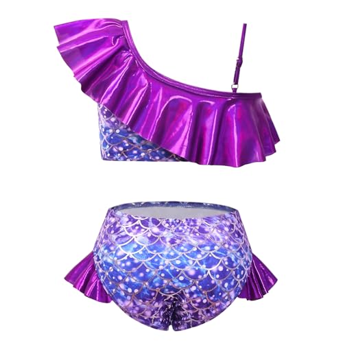 Image of CHILDRENSTAR Girls Metallic Bathing Suits Shiny Ruffles One Shoulder 2 Pieces Swimsuits Cute Bikini Set