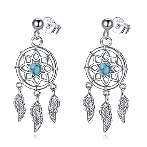 VONALA Boucles d'oreilles attrape-rêves en argent sterling avec plumes turquoises - Cadeau pour femmes et adolescentes, 28.2*11.5mm, Argent sterling, Turquoise