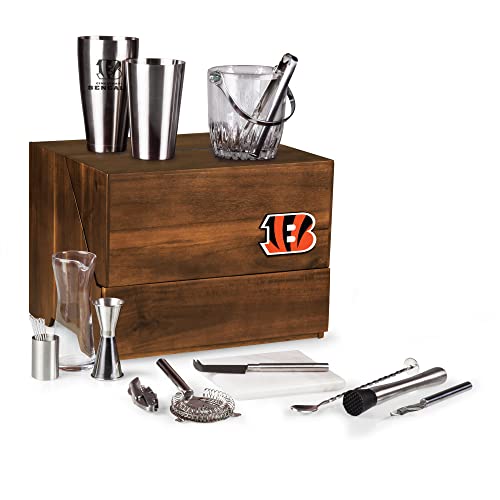 PICNIC TIME NFL Cincinnati Bengals Madison Acacia Tabletop Bar Tool Set, Professional Mixology Bartender Kit with Stand, Bar Accessories Set, Cocktail Shaker Set, (Acacia Wood)