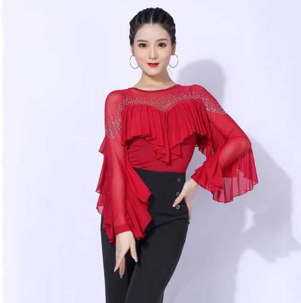Adult Long Sleeve Latin Dancewear Women's Ruffles Salsa Dancing Outfit Ballroom Performance Clothing Tops for Samba