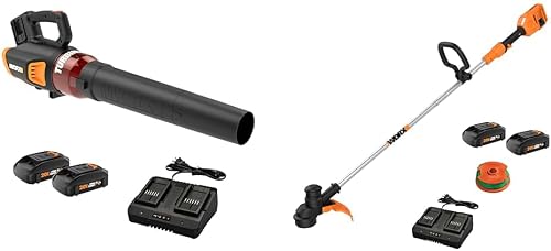 40V Turbine Leaf Blower with 2 Batteries & Charger Bundle with Worx WG183 40V 13" Cordless String Trimmer with 2 Batteries & Charger