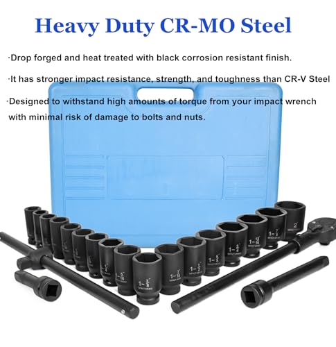 22-Pieces 3/4\" DR Drive Deep Impact Socket Set, 6-Point (7/8-Inch - 2-Inch) SAE 22pc Jumbo Impact Socket Set, with Impact Adapter, Ratchet Wrench Extension Rod, Sliding Bar & Carrying Case (09090#)