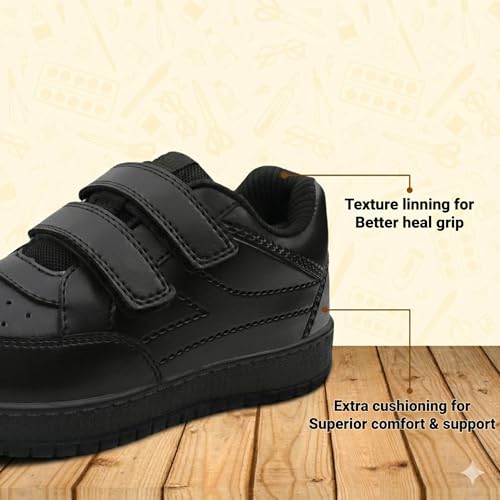 Image of ATHCO Unisex-Child Care-V2-Velcroo School Shoes | Soft Cushioned Memory Foam Heel Pad Support | Kid's | Boy's | Girl's | Children |Uniform Shoes | Lightweight | Velcroo |Easy Wear & Care| Formal Shoes | Padded Textured Heel Grip Lining | Breathable | All Day Comfort