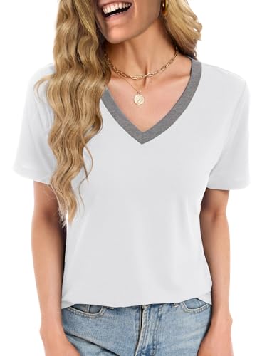 Womens Short Sleeve Tops T Shirts Summer T Shirts V Neck Dressy Casual Blouses Plus Size Tunic Vacation Trendy Outfits, White/Grey M
