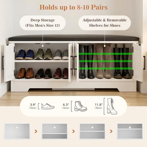 Farmhouse Shoe Storage Bench with Cushion - 43.3" Entryway Bench with Storage & 4 Barn Doors, 2-Tier Wooden Shoe Rack Bench, Hidden Shoe Cabinet & Mudroom Bench for Bedroom Hallway Living Room, White by Armocity - Image 5
