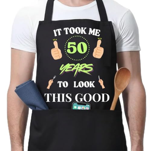 LynixTrade 30th 40th50th 60th Birthday Gift for Men Black Apron With 3 Pockets Funny 30th 40th 50th 60th Birthday Gift Ideas Cooking Grilling BBQ Chef Aprons (50th)