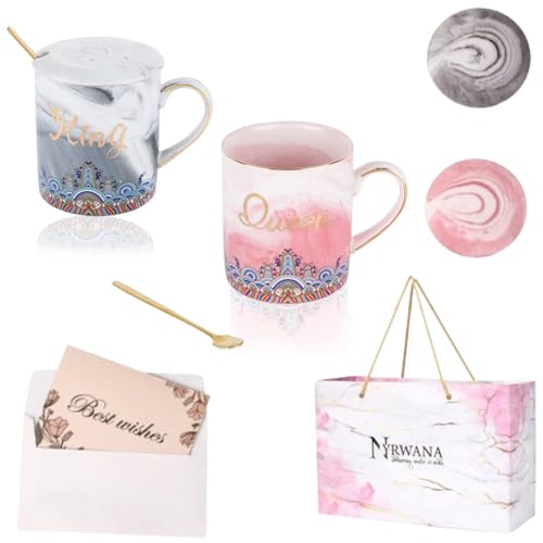 NYRWANA Coffee Mug, Couple Gifts, Coffee Mug with Lid, Wedding Gift for Couples, Anniversary Gift for Couple Special, Diwali Gifts, King and Queen Mug with Spoon, Coasters & Gift Box (400ml-Ceramic) (B0CKJSVCX3) Amazon Price History, Amazon Price Tracker