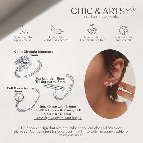 Image of CHIC & ARTSY 925 Sterling Silver Half Hoop Earrings for Women, Small Huggie Hoops Set with Ball Bar Star Moon Cross & Pearl, Lightweight Comfort Fit Everyday & Sleep Earrings