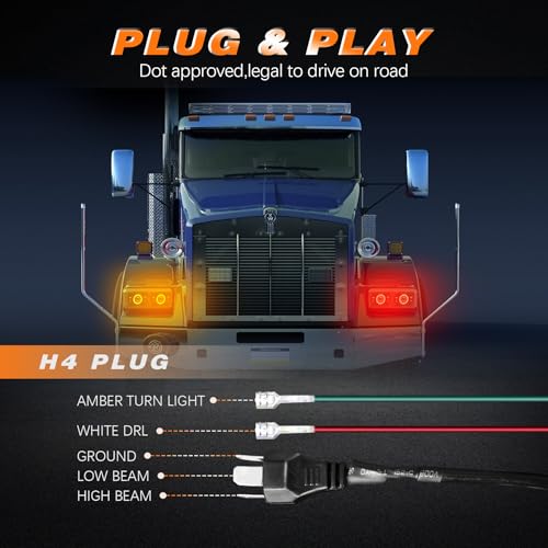 Image of 4x6 LED Headlights [DOT Approved] with Halo Red DRL Amber Turn Signal Light [High Low Sealed Beam] Compatible for Peterbilt 379 Kenworth T800 T600 Freightinger Ol-dsmobile Trucks