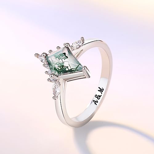 Personalized Promise Rings for Women, Custom Moss Agate Rings for Women, Engravable Promise Rings for Her, Engraving Engagement Ring with Kite Shaped Moss Stone, Plated with White Gold, Wedding Rings3