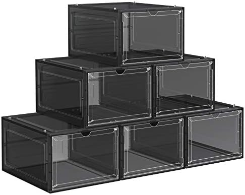 SONGMICS Shoe Boxes, Plastic Shoe Storage Organisers with Clear Doors, Set of 6, Stackable, Easy Assembly, 27 x 34.5 x 19 cm, up to UK Size 10, Black LSP032B06