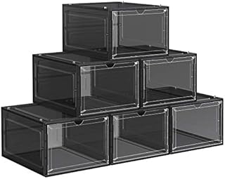SONGMICS Shoe Boxes, Plastic Shoe Storage Organisers with Clear Doors, Set of 6, Stackable, Easy Assembly, 27 x 34.5 x 19 cm, up to UK Size 10, Black LSP032B06