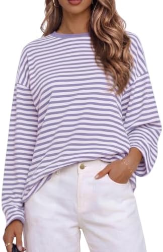 Cuptacc Langarmshirt Damen Gestreiftes Oversized Sweatshirt Herbst Casual | Rundhals Sweatshirts,Streifenshirt,Lockere Pullover,Lässiger Longsleeve,Loose Fit Oberteile,Streetwear S