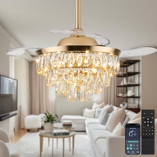 LEONTYNE 36 inch Crystal Ceiling Fan with Light & Remote - Retractable Blades, Dimmable LED, 3 Colour Temperatures - Smart Fandelier Light for Bedroom Living Room Dining Room (Gold)