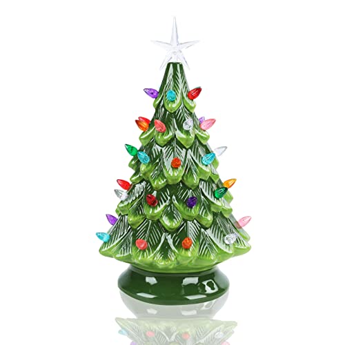 Small Ceramic Christmas Tree Hand-Painted Vintage Tabletop Christmas Tree Holiday Decoration With Multi-Color Lights Green Christmas Tree 12.2 Inch #TOP6