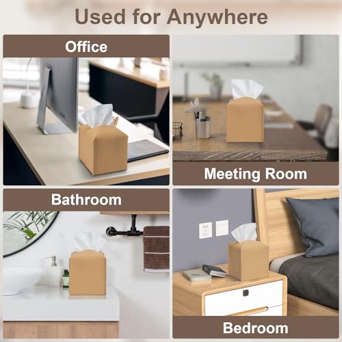 Aisoso 2 Pcs Square Cream Tissue Box Cover PU Leather Decorative Tissue Organizer Dispenser Holder for Bathroom, Desk, Home, Car, Office, 5.12\" X 5.12\" X 5.12\" - Thumbnail 7