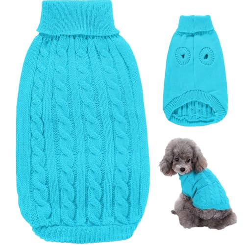 Suéter para cães pequenos para o inverno, suéter de gola rolê azul celeste, casaco de crochê para cã