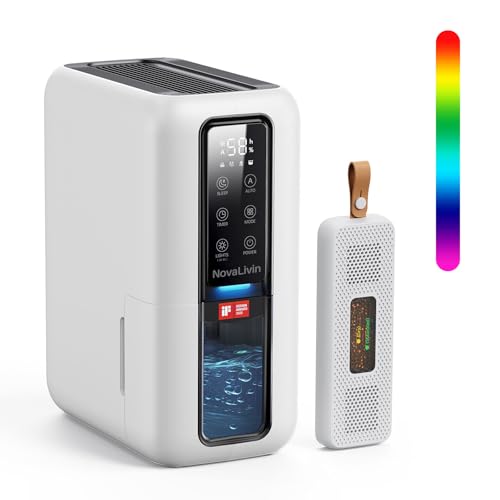 Dehumidifier for Bedroom, 2000ml Dehumidifier for home with Humidity Box, Auto shut off & Smart Humidity Control, 24-Hour Timer, 7 Colors LED Light, Portable & Ultra Quiet for Bathroom, Closet, Garage