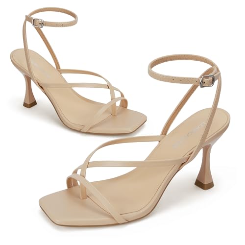 Image of Women's Strappy High Heels Sandals Square Open Toe Ankle Strap Slingback Thong Stilettos Shoes for Wedding