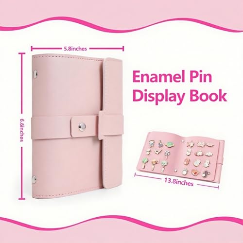 Image of Enamel Pin Display Book - 4 Page Leather Travel Organizer for Collectors, Portable Lapel Pin Holder with Secure Storage, Compact Pin Trading Book (Pink)