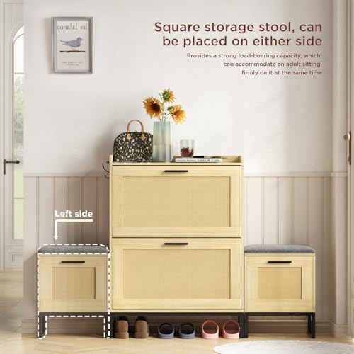 Image of Maupvit Shoe Cabinet Storage for Entryway with Bench, Natural Oak Rattan Narrow Shoe Cabinet with 2 Flip Drawers, Wooden L-Shaped Shoe Rack Slim Shoes Storage Organizer for Hallway, Entrance