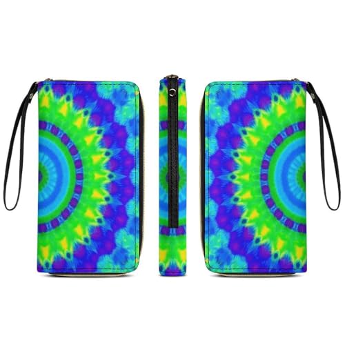 Women's Clutch Wallet with ID Pockets, High Capacity Leather, Perfect for Travel, Indian Spiral Tie Dye Mandala Green3