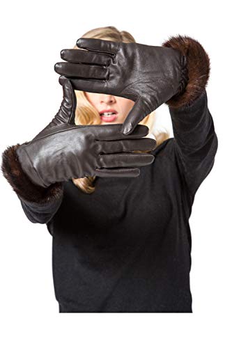 Leather Gloves With Mink Fur Trimming & Cashmere Lining (Coffee Brown - M) #TOP1
