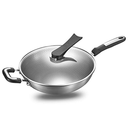 304 Stainless Steel Wok with Lid, Non-Stick Stir Fry Pans for Gas, Electric & Induction, Scratch Resistant (13.4 inch/34cm)