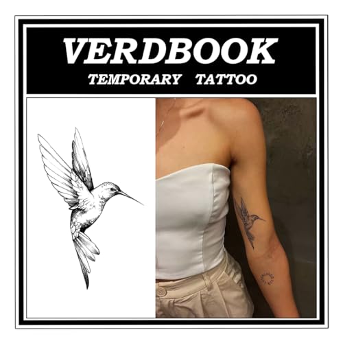 VERDBOOK Waterproof Temporary Tattoos: 2-Sheet Tattoo Kit with Realistic Body Stickers, Semi-Permanent Tattoos for Adults Lasting 7-15 Days – Safe for Men & Women, Hummingbird Style