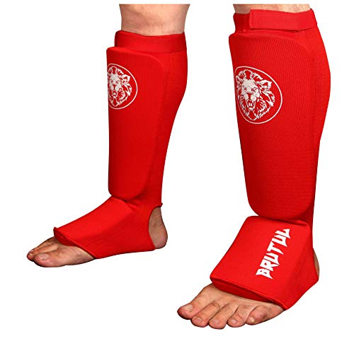 Brutul Protective Shin Instep Kickboxing Boxing MMA Muay Thai Karate Taekwondo Cloth Shin & Instep Padded Guards Training Sparring Shin Guards Leg Pad Training Protective Gear Washable (RED, S/M)