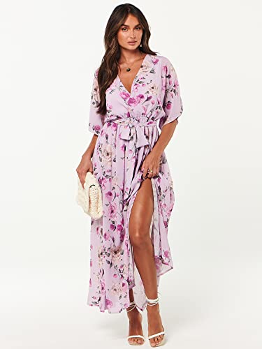Image of ANRABESS Womens 1 /2 Sleeve Beach Wedding Guest Maxi Dresses 2026 Summer Wrap V Neck Boho Floral Flowy Slit Long Dresses