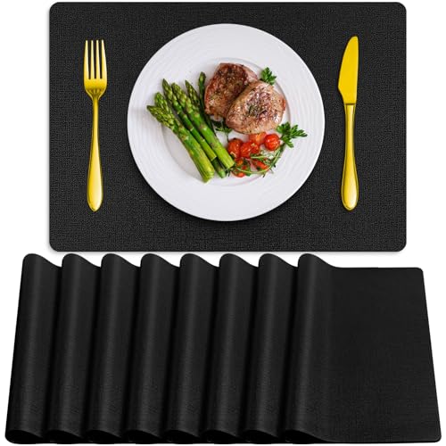 Placemats Set of 8, Washable Heat Resistant Table Placemats Wipeable Faux Leather Place Mats Non Slip, Waterproof Square Table Mats for Indoor Outdoor, Black