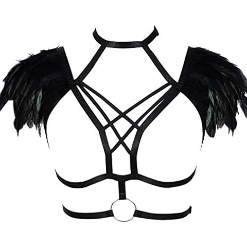 Woman Body Feathers Harness Bra Dance Underwear Accessories Punk Gothic Belt (O0577-Black) Cover