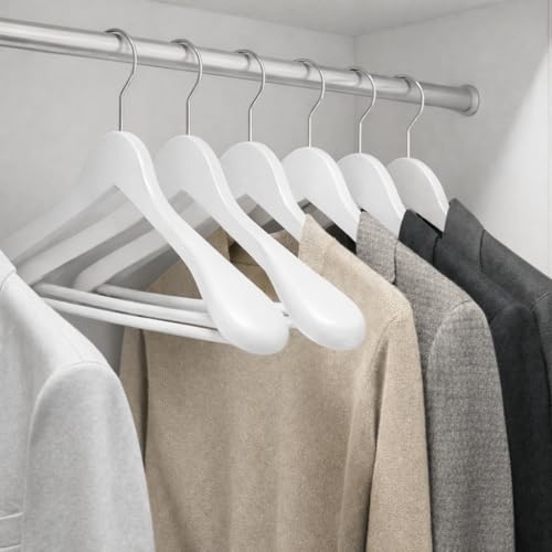 MELA’S Wooden Wide Clothes Hanger, Natural Wood, Pack of 12, Non-Slip, for Stable Jacket, Suit, Shirts, Extra Wide Shoulders, Trouser Bars, 45 x 23 x 5.5(White)